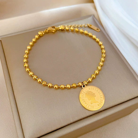 Wholesale Women's Constellation Gold Inlaid Titanium Steel Round Bead Chain Bracelet