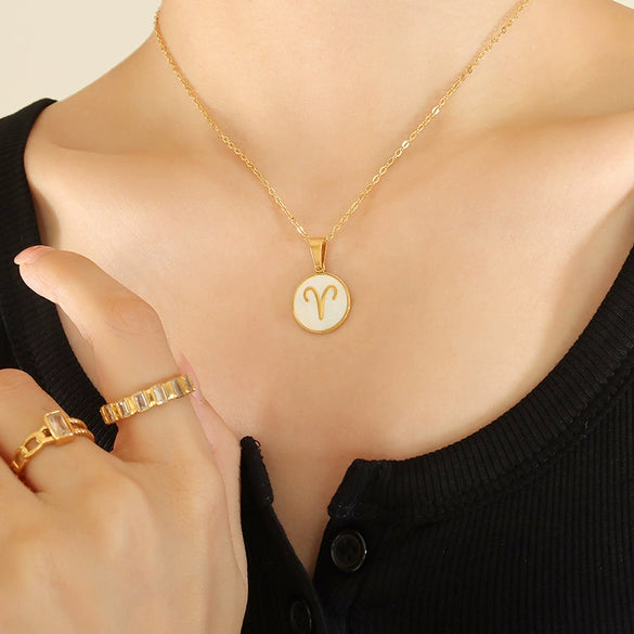 Wholesale Women's Constellation Necklace Inlaid With White Seashells And Titanium Steel 18K Gold Plated