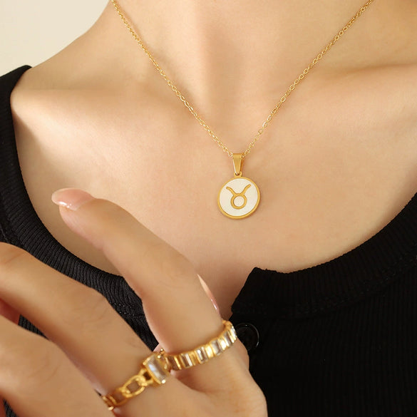 Wholesale Women's Constellation Necklace Inlaid With White Seashells And Titanium Steel 18K Gold Plated