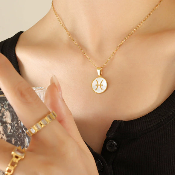 Wholesale Women's Constellation Necklace Inlaid With White Seashells And Titanium Steel 18K Gold Plated