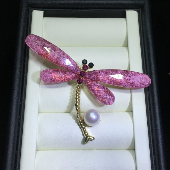 Wholesale Women's Copper Alloy Natural Freshwater Pearl Dragonfly Insects Brooch Coat Accessories With Electroplating