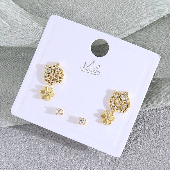 Wholesale Women's Copper Animal Dragonfly Cat Ear Jewelry Electroplated Small Fresh Style Earrings Card Set