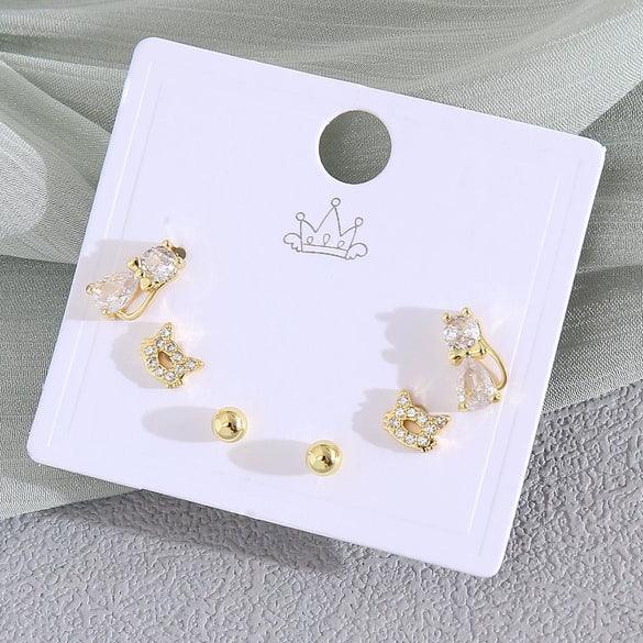 Wholesale Women's Copper Animal Dragonfly Cat Ear Jewelry Electroplated Small Fresh Style Earrings Card Set