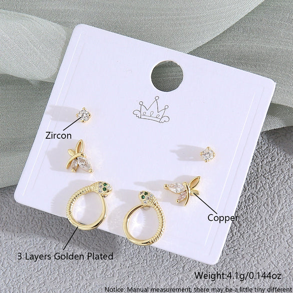Wholesale Women's Copper Animal Dragonfly Cat Ear Jewelry Electroplated Small Fresh Style Earrings Card Set
