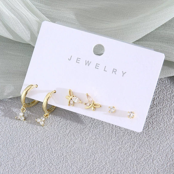 Wholesale Women's Copper Animal Dragonfly Cat Ear Jewelry Electroplated Small Fresh Style Earrings Card Set