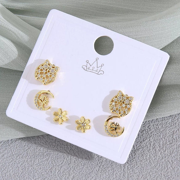 Wholesale Women's Copper Animal Dragonfly Cat Ear Jewelry Electroplated Small Fresh Style Earrings Card Set