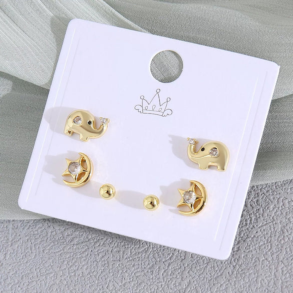 Wholesale Women's Copper Animal Dragonfly Cat Ear Jewelry Electroplated Small Fresh Style Earrings Card Set