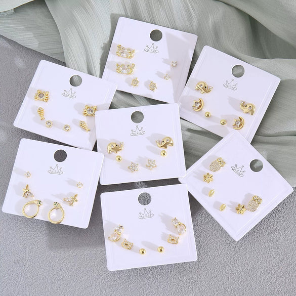 Wholesale Women's Copper Animal Dragonfly Cat Ear Jewelry Electroplated Small Fresh Style Earrings Card Set