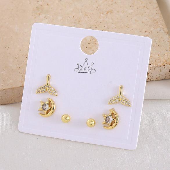 Wholesale Women's Copper Animal Dragonfly Cat Ear Jewelry Electroplated Small Fresh Style Earrings Card Set