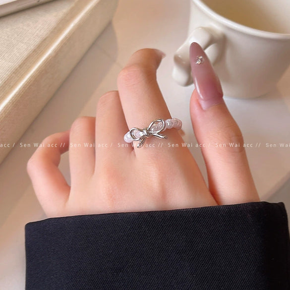 Wholesale Women's Copper Bow Beaded Finger Ring With Electroplating Design