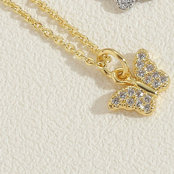 Wholesale Women's Copper Butterfly Pendant Necklace With Mixed Gem Inlay And Electroplating