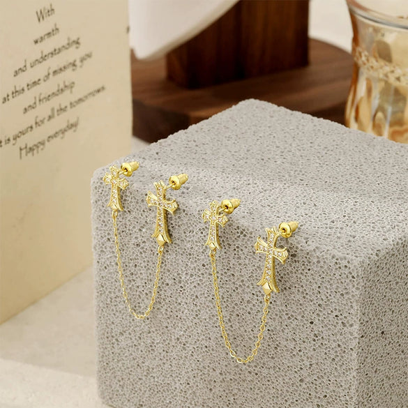 Wholesale Women's Copper Cross Pendant Chain Earrings With Geometric Pattern And Electroplating Treatment