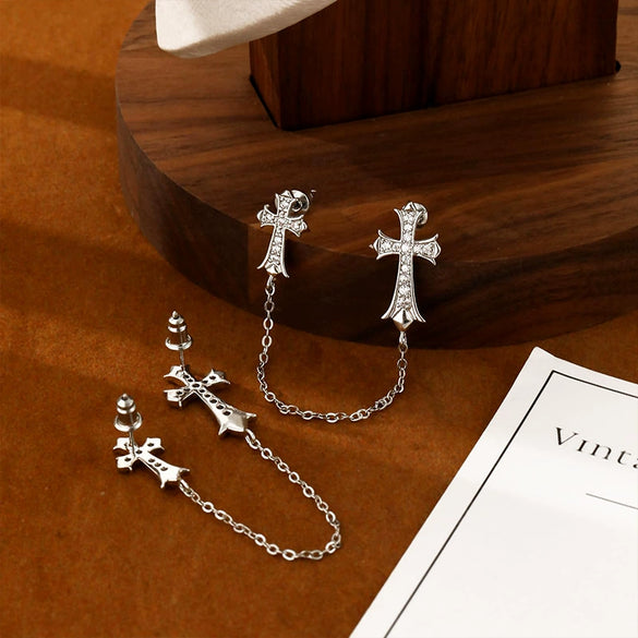 Wholesale Women's Copper Cross Pendant Chain Earrings With Geometric Pattern And Electroplating Treatment