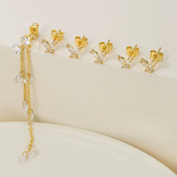 Wholesale Women's Copper Drop Shape Zirconia Butterfly Tassel Pendant Earrings Sweet Style