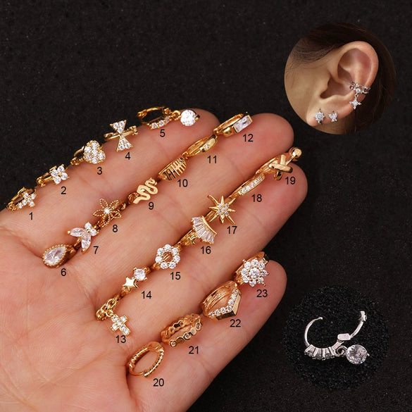 Wholesale Women's Copper Ear Bone Piercing Earrings With Flower Pattern And Inlaid Zircon