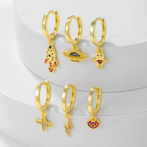 Wholesale Women's Copper Earrings Set With Inlaid Zircon Heart And Geometric Patterns Joker Style