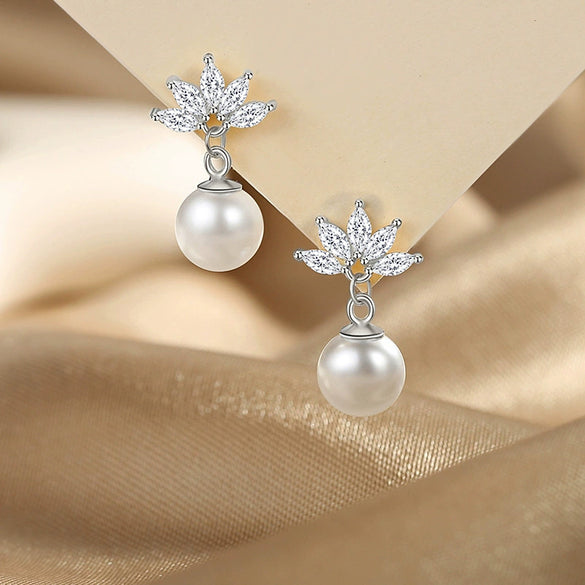 Wholesale Women's Copper Earrings With Flower And Geometric Pattern And Zirconia Design