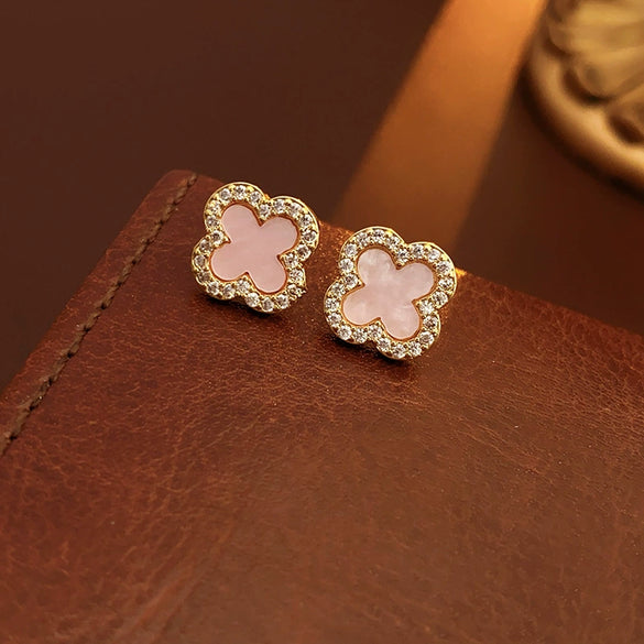 Wholesale Women's Copper Electroplated Geometric And Flower Motherofpearl Zircon Earrings