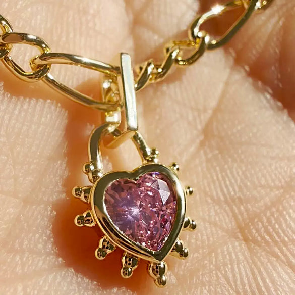 Wholesale Women's Copper Electroplated Love Lock Necklace With Heartshaped And Geometric Zircon Pendant And Figaro Chain
