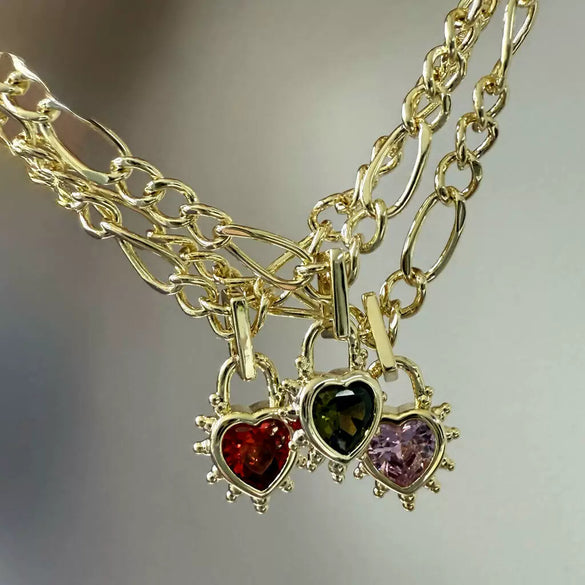 Wholesale Women's Copper Electroplated Love Lock Necklace With Heartshaped And Geometric Zircon Pendant And Figaro Chain