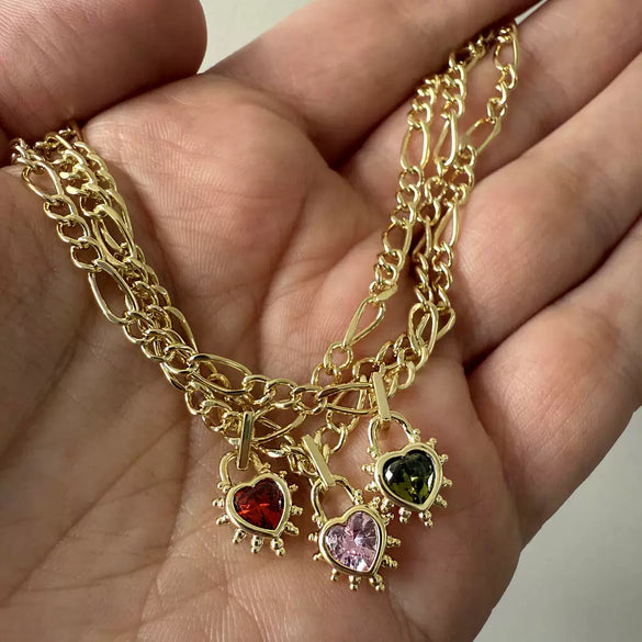 Wholesale Women's Copper Electroplated Love Lock Necklace With Heartshaped And Geometric Zircon Pendant And Figaro Chain