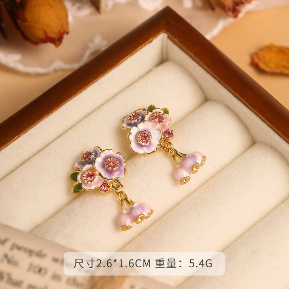 Wholesale Women's Copper Enamel Flower Dripping Oil Earrings Light Luxury Style