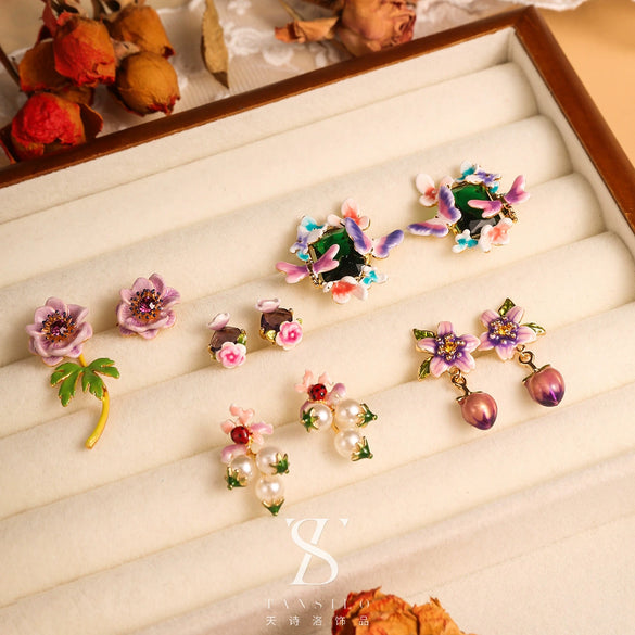 Wholesale Women's Copper Enamel Flower Dripping Oil Earrings Light Luxury Style