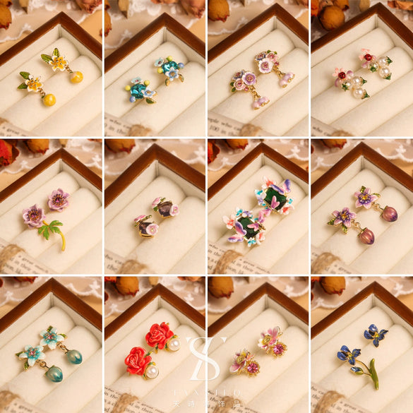 Wholesale Women's Copper Enamel Flower Dripping Oil Earrings Light Luxury Style