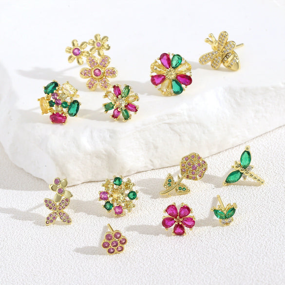 Wholesale Women's Copper Flower Animal Zodiac Electroplated Earrings
