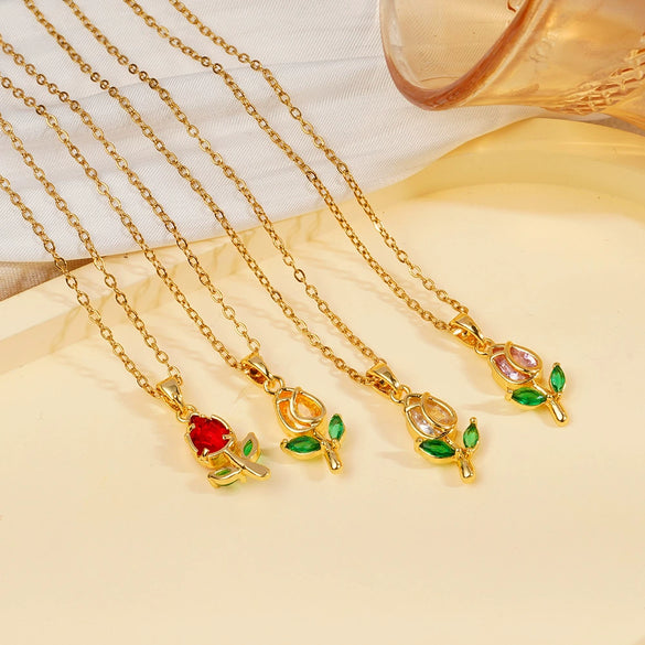 Wholesale Women's Copper Flower Diamond Clavicle Necklace With Electroplating And Mixed Gemstone Setting In Light Luxury Style