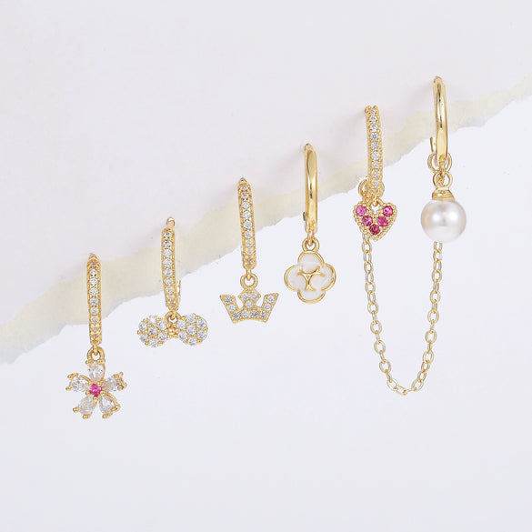 Wholesale Women's Copper Flower Geometric Heart Shape Inlaid Zircon Earrings Set