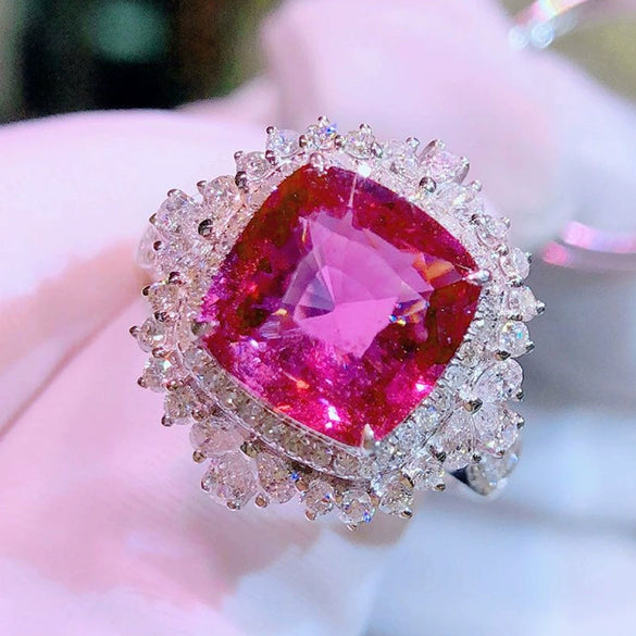 Wholesale Women's Copper Flower Inlaid Zircon Simulation Ruby Ring