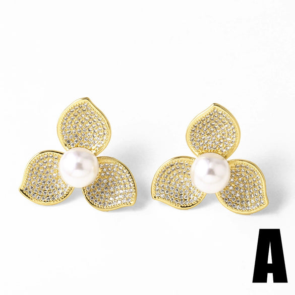 Wholesale Women's Copper Flower Pearl Zircon Earrings With Electroplating