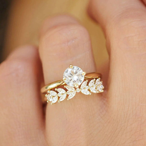 Wholesale Women's Copper Geometric And Wheat Ears Leaves Design Highend Ring With Zirconia