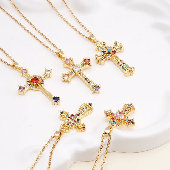 Wholesale Women's Copper Geometric Cross Mixed Gemstone Inlay O Chain Necklace With Electroplating