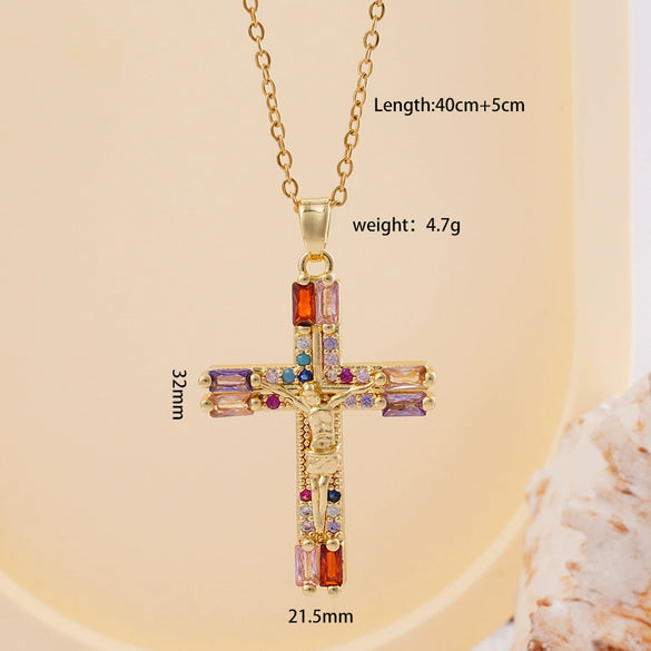 Wholesale Women's Copper Geometric Cross Mixed Gemstone Inlay O Chain Necklace With Electroplating