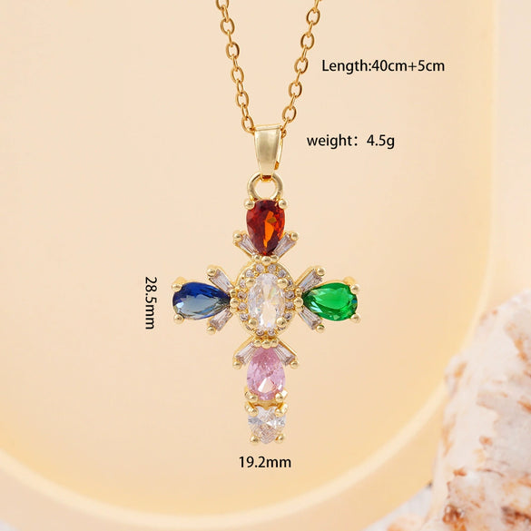 Wholesale Women's Copper Geometric Cross Mixed Gemstone Inlay O Chain Necklace With Electroplating