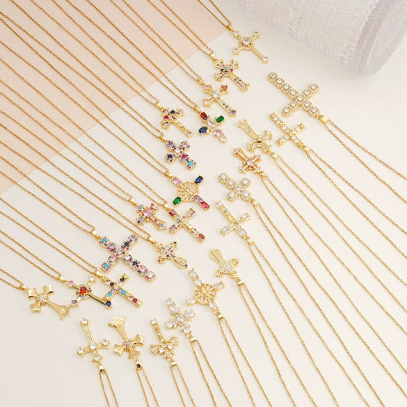 Wholesale Women's Copper Geometric Cross Mixed Gemstone Inlay O Chain Necklace With Electroplating
