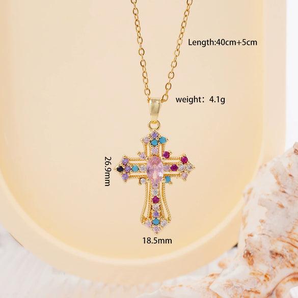 Wholesale Women's Copper Geometric Cross Mixed Gemstone Inlay O Chain Necklace With Electroplating