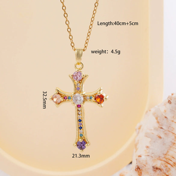 Wholesale Women's Copper Geometric Cross Mixed Gemstone Inlay O Chain Necklace With Electroplating
