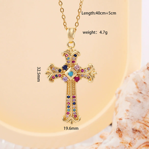 Wholesale Women's Copper Geometric Cross Mixed Gemstone Inlay O Chain Necklace With Electroplating