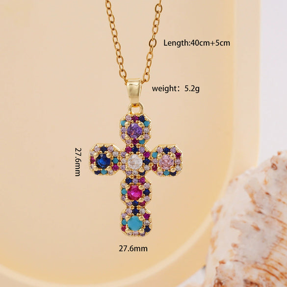 Wholesale Women's Copper Geometric Cross Mixed Gemstone Inlay O Chain Necklace With Electroplating