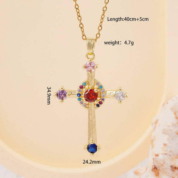 Wholesale Women's Copper Geometric Cross Mixed Gemstone Inlay O Chain Necklace With Electroplating