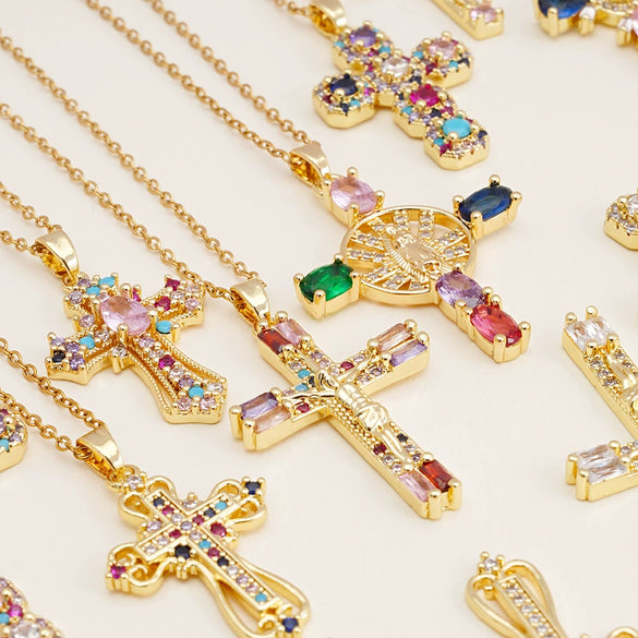 Wholesale Women's Copper Geometric Cross Mixed Gemstone Inlay O Chain Necklace With Electroplating