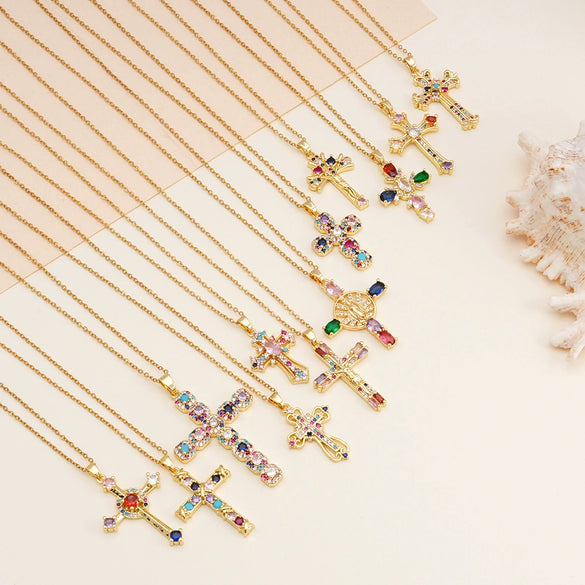 Wholesale Women's Copper Geometric Cross Mixed Gemstone Inlay O Chain Necklace With Electroplating