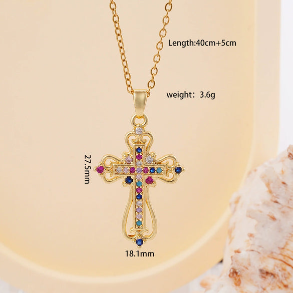 Wholesale Women's Copper Geometric Cross Mixed Gemstone Inlay O Chain Necklace With Electroplating
