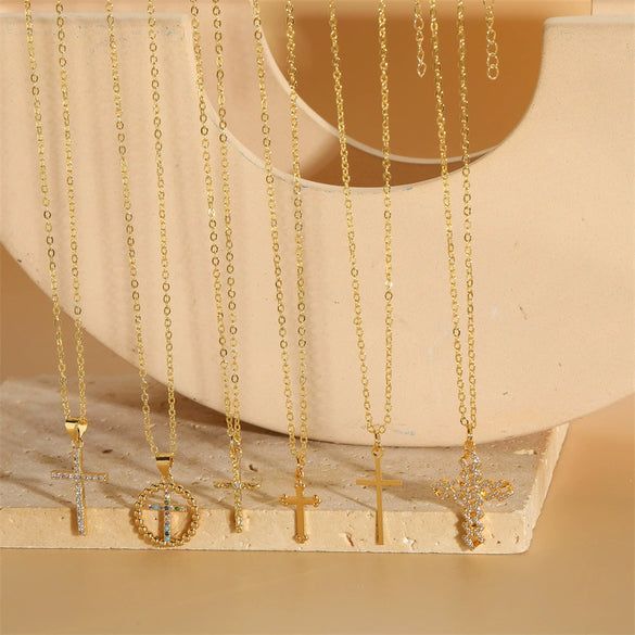 Wholesale Women's Copper Geometric Cross Pendant Choker Necklace With Inlaid Zircon And Ochain