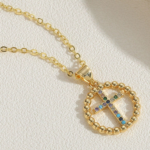 Wholesale Women's Copper Geometric Cross Pendant Choker Necklace With Inlaid Zircon And Ochain
