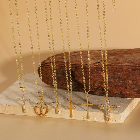 Wholesale Women's Copper Geometric Cross Pendant Choker Necklace With Inlaid Zircon And Ochain