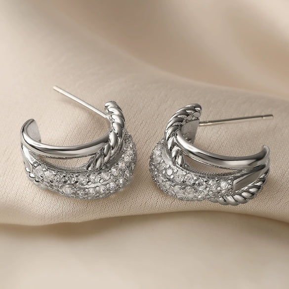 Wholesale Women's Copper Geometric Cshaped Micropaved Zircon Earrings